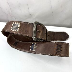 Vintage y2k Aeropostale L Belt Brown Leather Stitched Hippie Patchwork Whimsy